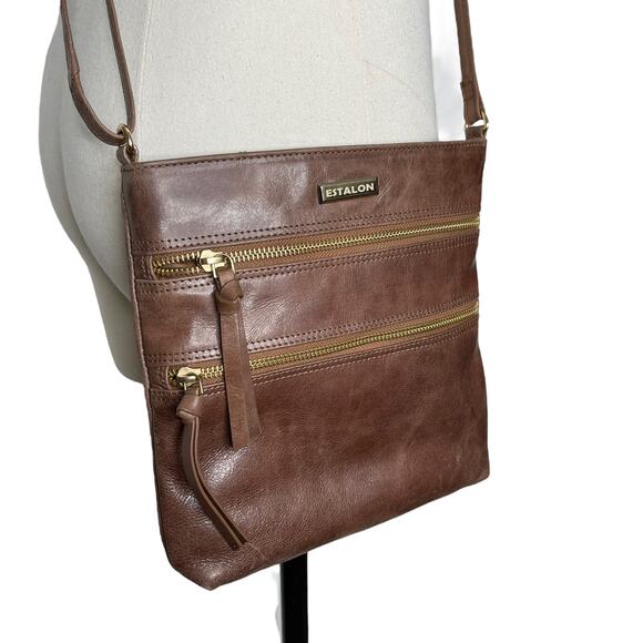 Estalon Leather Crossbody Brown Vintage Slim Crossbody Sipper Pocket Purse - Picture 9 of 9